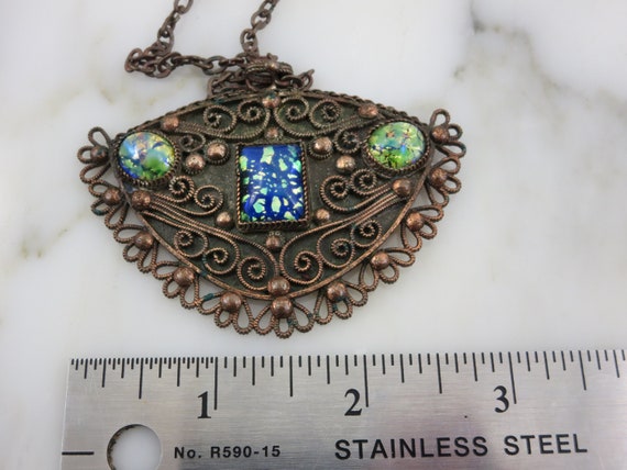 Mid Century Copper Necklace -  Faux Opal Art Glass - image 5