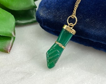 Vintage Green Jasper Figa Pendant - Mano Fico Amulet Carved Stone with 12k Gold Filled Chain