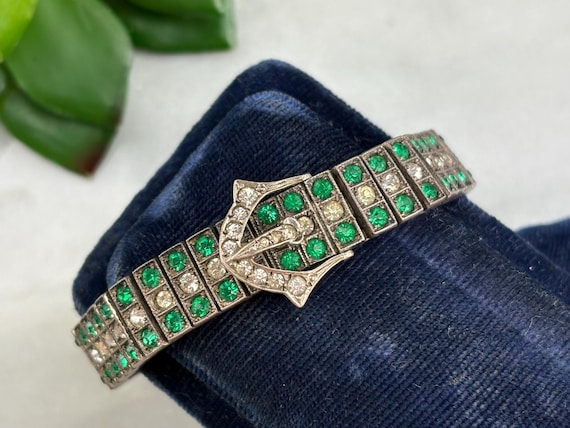 Vintage Art Deco Paste Buckle Bracelet - Green and Clear, Sterling Silver 1920s - Diamonbar