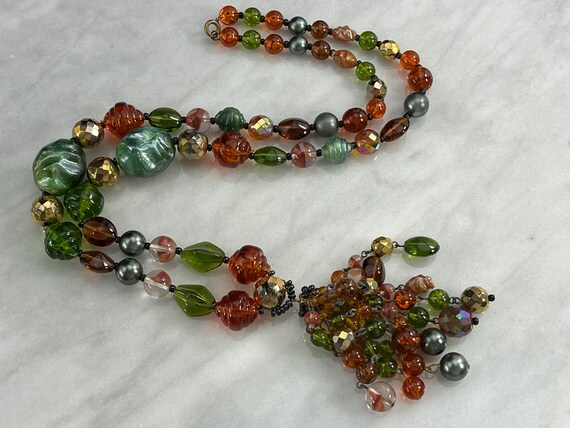 Tassel Necklace - Orange Brown Green Beads 1960s … - image 2