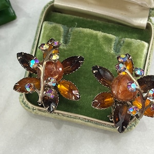 Vintage Layered Rhinestone Flower Earrings - Clip Earrings, Costume Jewelry