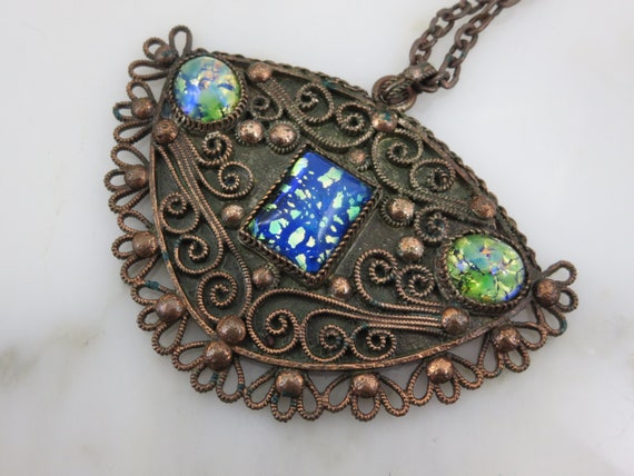 Mid Century Copper Necklace -  Faux Opal Art Glass - image 9