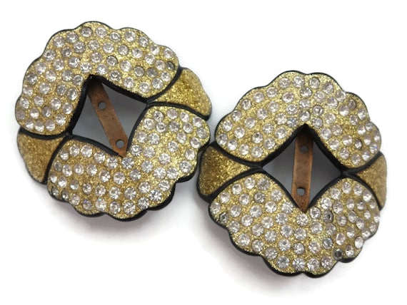 Art Deco Rhinestone Buckle Pair - Gold Glitter Fr… - image 1