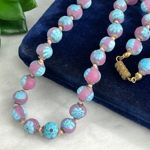 Millefiori Necklace Frosted Venetian Art Glass Beads, Pink and Blue Beaded Necklaces for Women, Estate Jewelry image 1