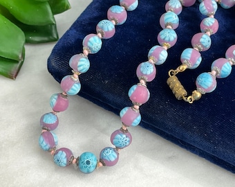 Millefiori Necklace - Frosted Venetian Art Glass Beads, Pink and Blue Beaded Necklaces for Women, Estate Jewelry