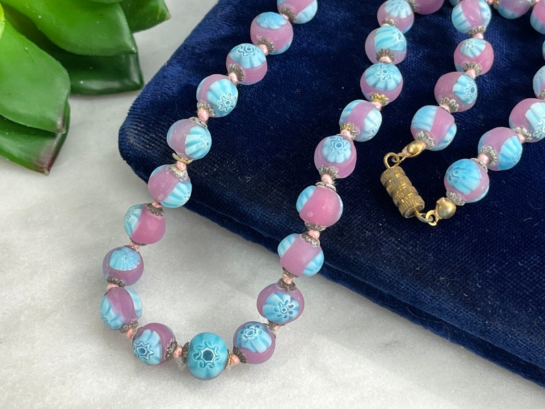 Millefiori Necklace Frosted Venetian Art Glass Beads, Pink and Blue Beaded Necklaces for Women, Estate Jewelry image 1