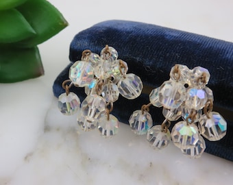 Vintage AB Crystal Beaded Earrings - Clips Costume Jewelry Earrings for Women