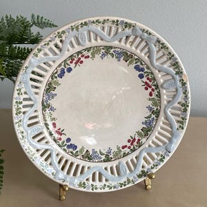 Rare Sarreguemines Faience Plate - 1875-1900 Reticulated Design - Light Blue Swag with Fruit