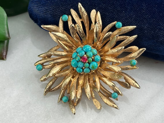 Costume Jewelry Faux Turquoise Brooch - Gold Flow… - image 8