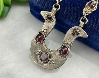 Vintage Boho Garnet Necklace - Horseshoe, January Birthstone Jewelry Silver Finish