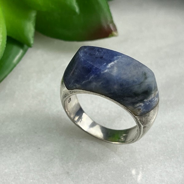 Lapis or Sodalite Sterling Statement Ring - Modernist Jewelry
