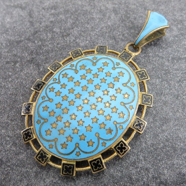 Vintage Blue Enamel Locket Necklace Pendant - Gold Star Locket, Glass Back Victorian Jewelry Locket Celestial Jewelry