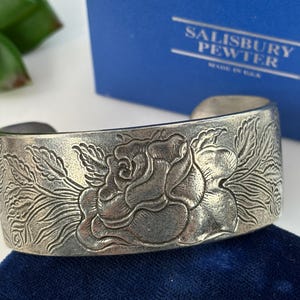 Pewter Cuff Bracelet - June Rose Flowers, Bangle, Salisbury Pewter Costume Jewelry