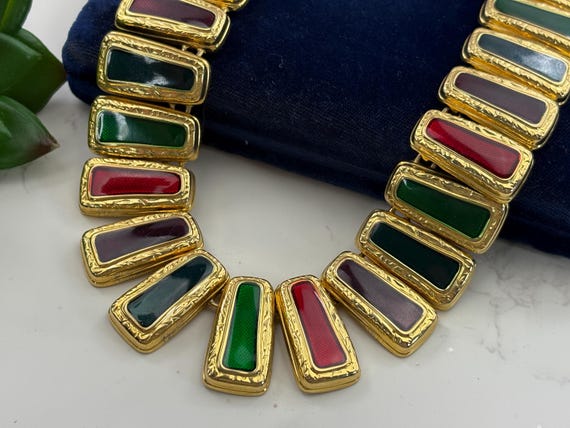 Vintage Egyptian Revival Necklace - Colorful Enamel Fringe Gold Tone Necklace