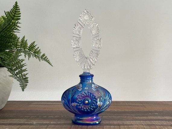 Vintage Hand Painted Fenton Perfume Bottle: Blue Carnival