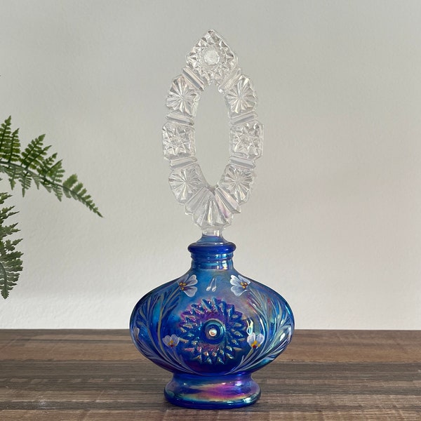 Vintage Hand Painted Fenton Perfume Bottle: Blue Carnival Iridescent Glass