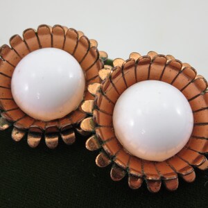 Vintage Enamel Copper Earrings - Matisse Renoir White Daisy Flowers Mid Century Modern Costume Jewelry Earrings for Women