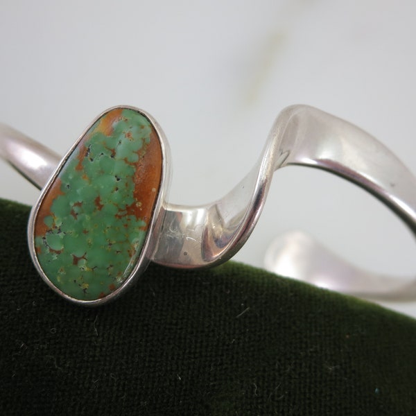 Green Stone Cuff Bracelet - Sterling Silver, Navajo Native American Style Bezel Set Bracelets for Women