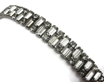 Art Deco Bracelet - Vintage Rhinestone Bridal Jewelry Sterling Silver Clear Stones