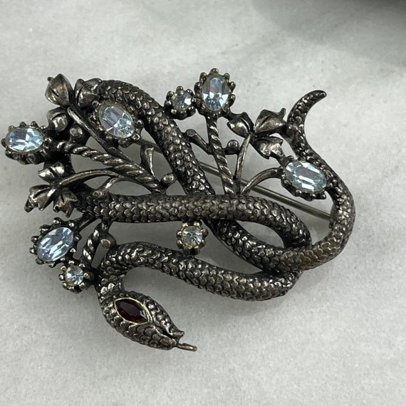 Coro Rhinestone Snake Brooch - Silver Tone Costum… - image 3