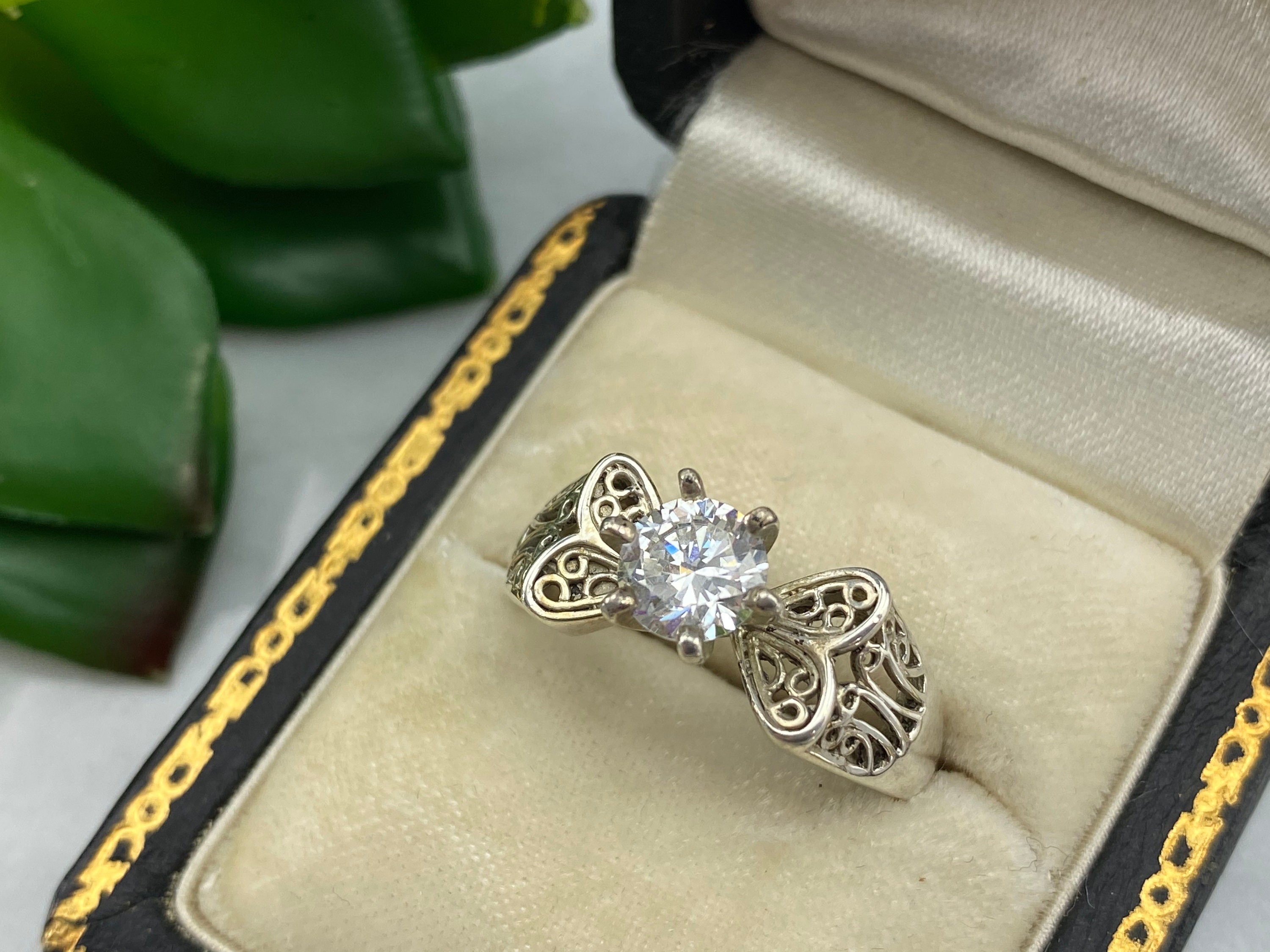CZ Engagement Ring Filigree Sterling Silver Fake Diamond Etsy UK