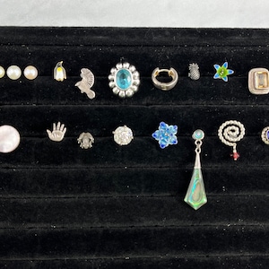 Puede incluir: Una muestra de varios encantos y piezas de joyería, que incluyen un pingüino, una mano, una flor, una piña, un anillo con una piedra azul y un par de aretes con una piedra azul.