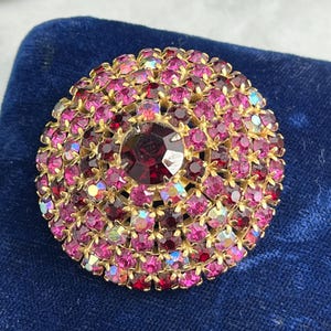 Red Rhinestone Dome Brooch - 1950s 1960s Mid Century Costume Jewelry