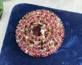 Broche Ronde Vintage En Or Avec Cristaux Rouges Type Rubis - Modèle 3439 - Occasion état Parfait