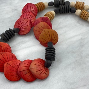 Wooden Necklace - Handmade, Natural Wood Statement Necklace, Red Black White