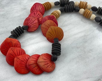 Wooden Necklace - Handmade, Natural Wood Statement Necklace, Red Black White