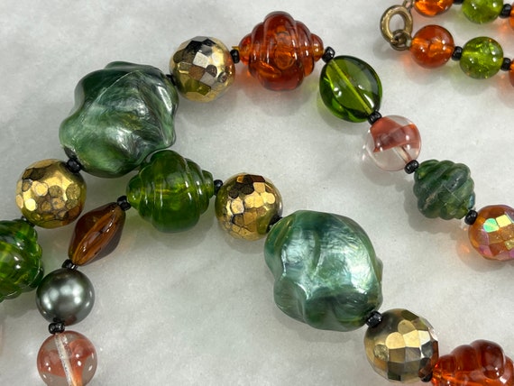 Tassel Necklace - Orange Brown Green Beads 1960s … - image 5