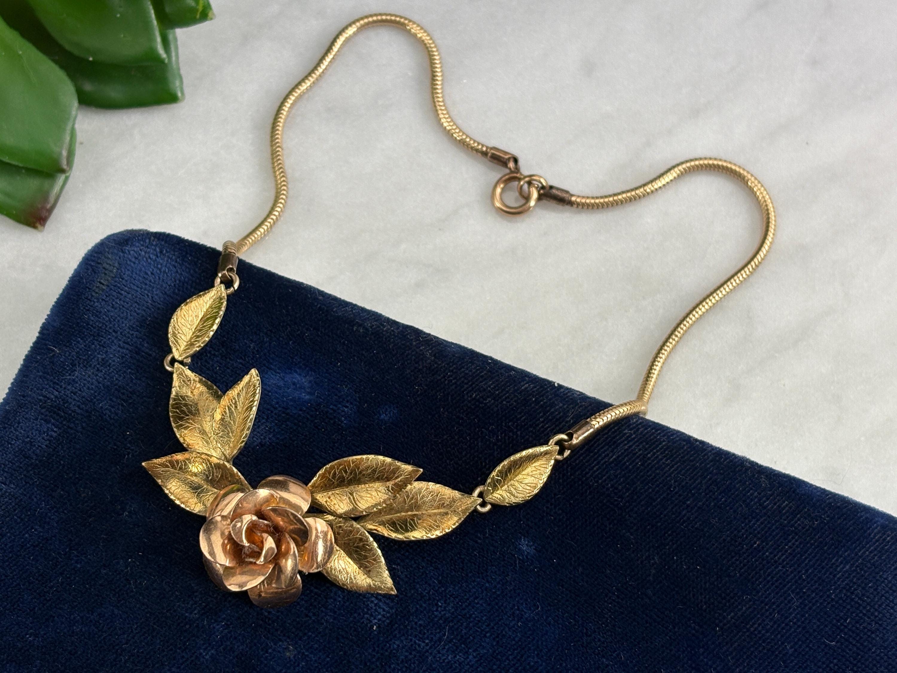 Vintage Krementz Flower Necklace - Rose Gold Rose & Yellow
