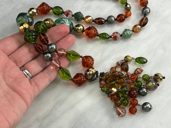 Tassel Necklace - Orange Brown Green Beads 1960s … - image 6