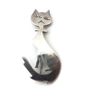 Taxco Silver Cat Brooch - Sterling, with Eyelashes & Bow, Mid Century