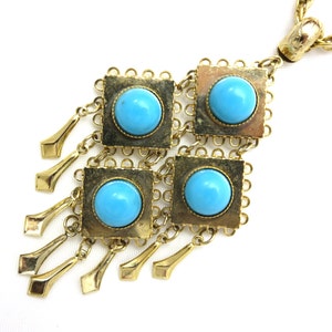 Vintage Turquoise Glass Pendant Necklace - Gold Fringe Boho Costume Jewelry