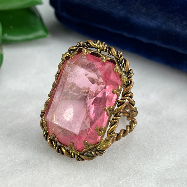 Pink Glass Ring - Germany, Adjustable Brass Statement Rings for Women Size 5