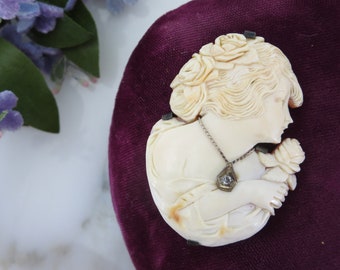 Antique Cameo Necklace Pendant or Brooch - Cut Out Habille Frameless with Diamond Fine Jewelry Woman with Rose Cameo Jewelry