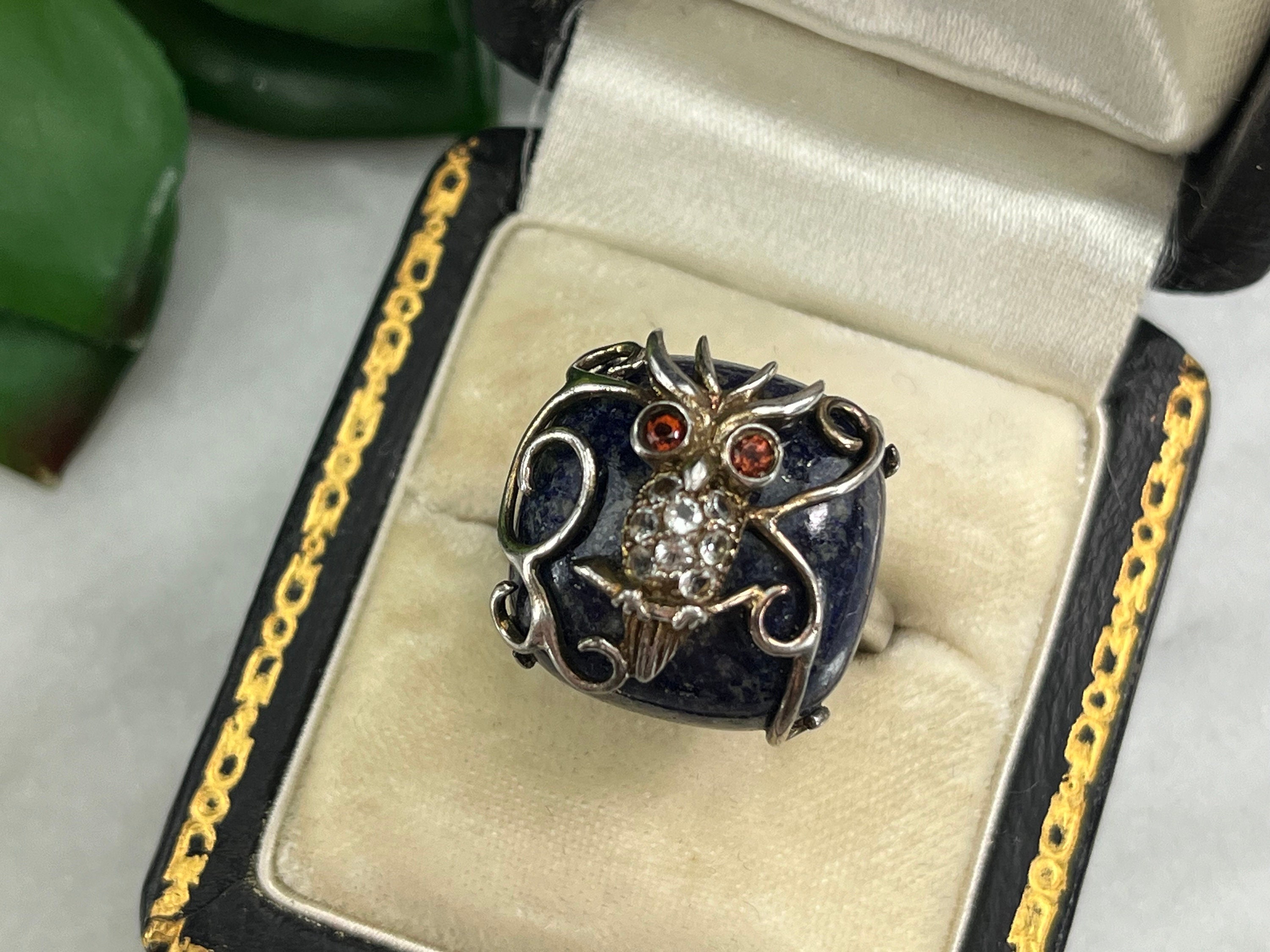 Sterling Silver Owl Ring &ndash; Lapis & CZ Statement Ring &ndash; Vintage Size 8