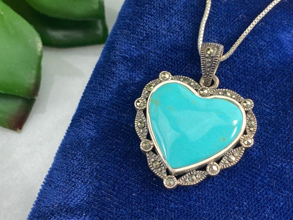Turquoise and Marcasite Heart Pendant Necklace Sterling Silver