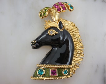 Large Rhinestone Horse Head Brooch - Bijoux Cascio Circus Horse Costume Jewelry, Black Enamel, Original Box