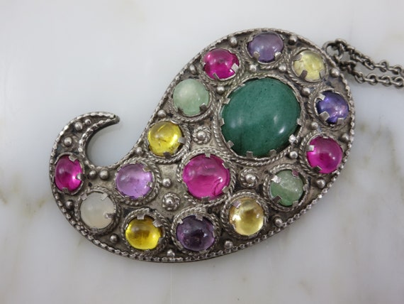 Indian Paisley Gemstone Pendant - Silver, Rubies,… - image 9