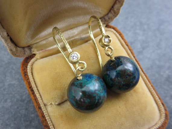 18k Chrysocolla Earrings - Vintage Diamond Accent… - image 2