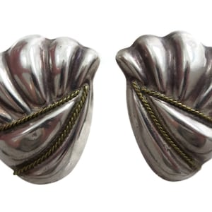 Large Sterling Silver Earrings - Laton Taxco Earrings Mexico Gold Rope Accent Classic Designer Style Jewelry Puffy