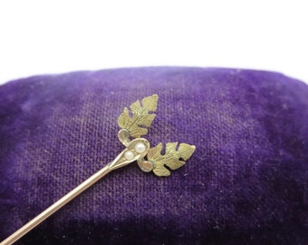 Gold Seed Pearl Stick Pin - Antique, 10k Gold, Leaves, June Birthstone, Fine Estate Jewelry