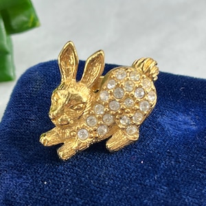 Rabbit Brooch - Easter Bunny, Clear Rhinestones, Spring Costume Jewelry