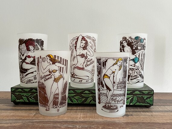 1940s Pinup Girl Highball Glasses Risque Barware Frosted Etsy