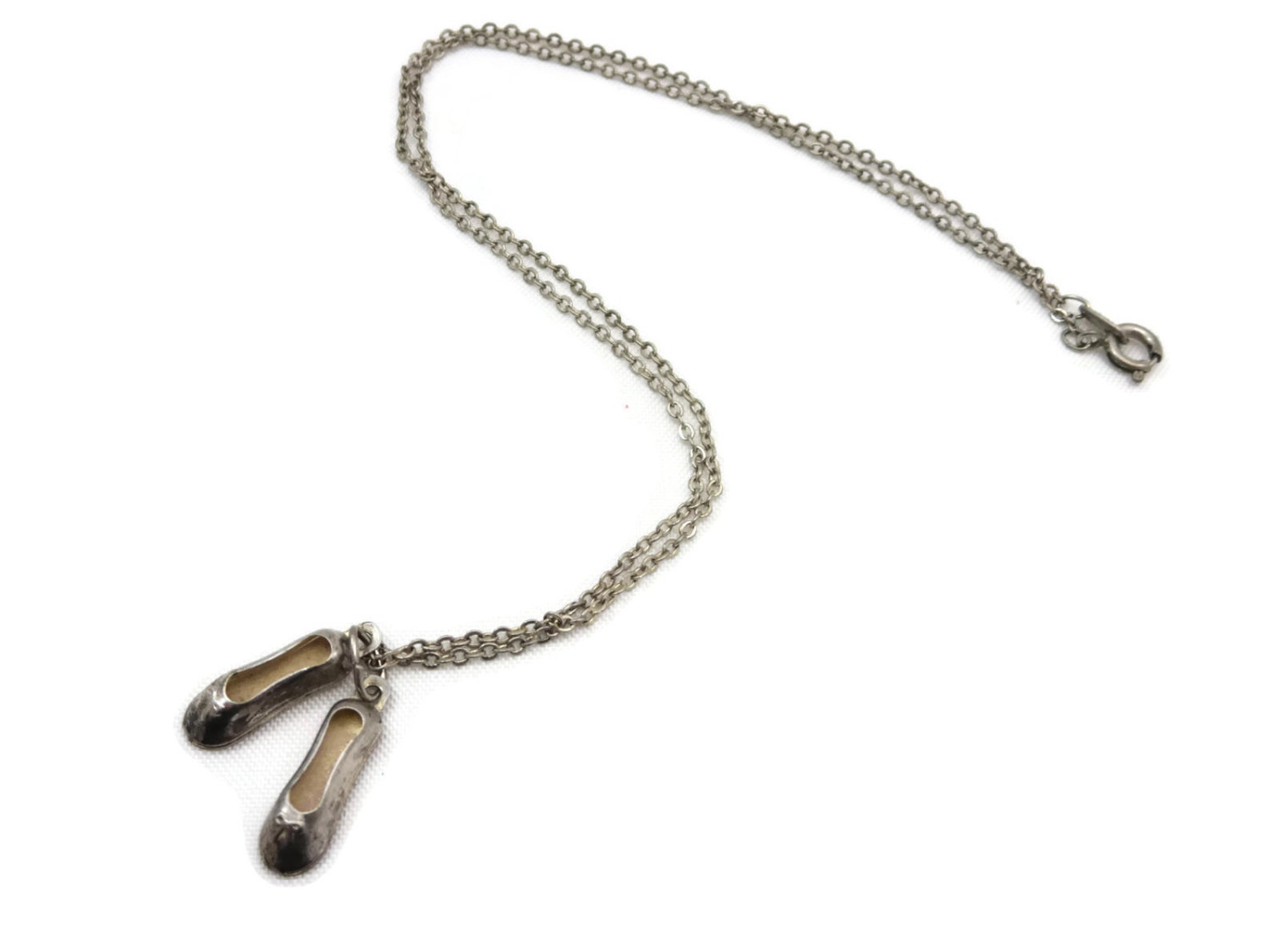 silver ballet slippers necklace pendant - costume jewelry, ballerina charm