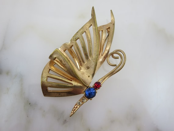 Rhinestone Brooch - Gold Tone Butterfly Brooch, R… - image 1