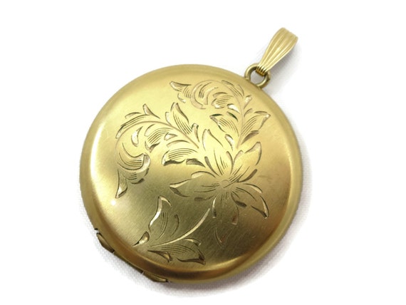 Gold Round Locket - Vintage Etched Floral, 12k Go… - image 1