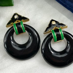 Large Retro Jewelry Earrings - Black and Green Enamel and Rhinestone on Gold Tone, 1980s Costume Jewelry Vintage Earrings for Women
